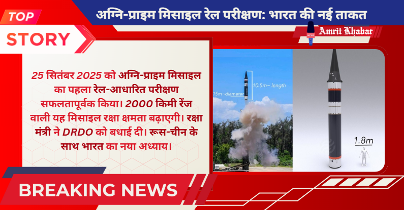

अग्नि-प्राइम मिसाइल का पहली बार रेल लॉन्चर से सफल परीक्षण: भारत की रणनीतिक क्षमता में नया आयाम


